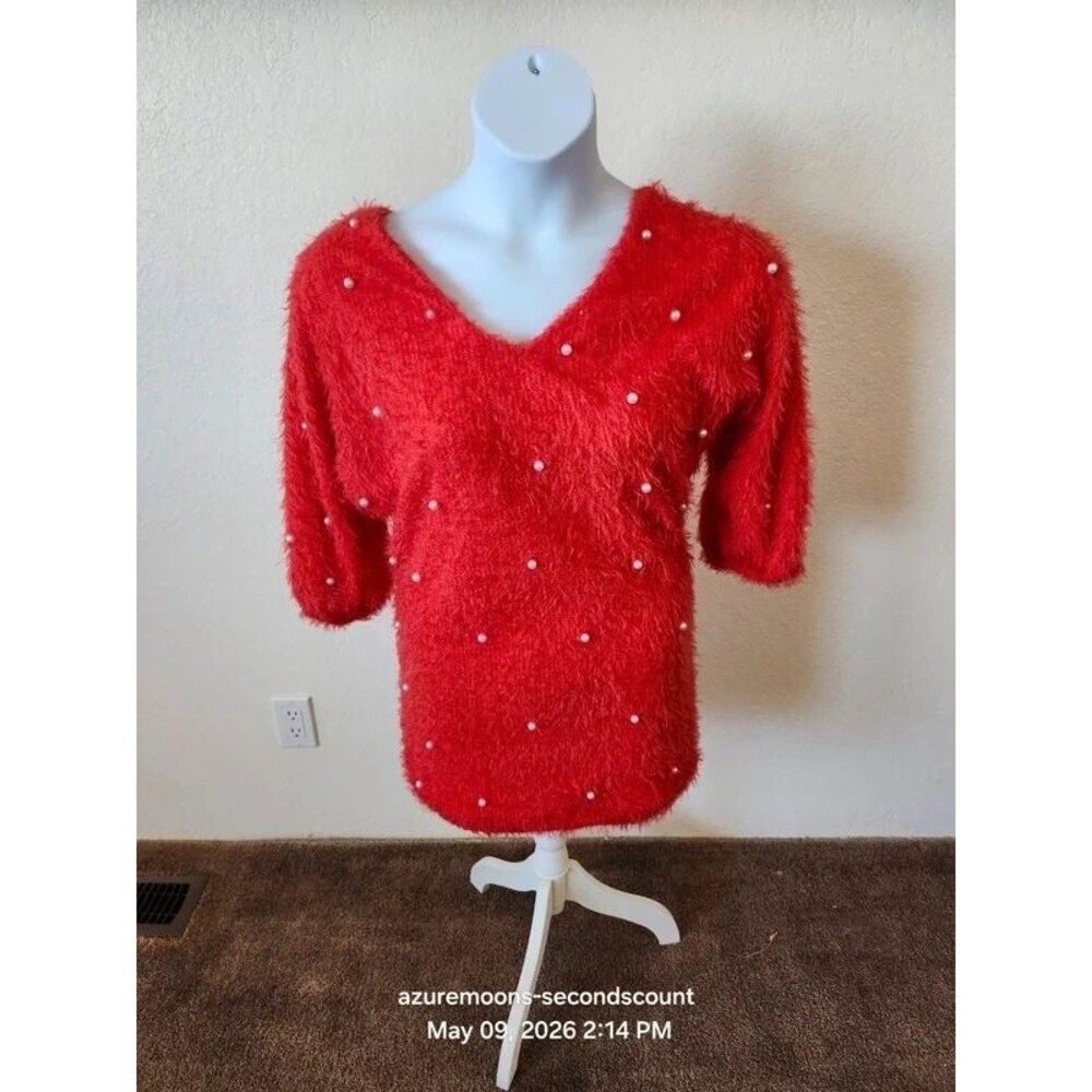 Chicme elegant soft fuzzy red sweater with faux pearls